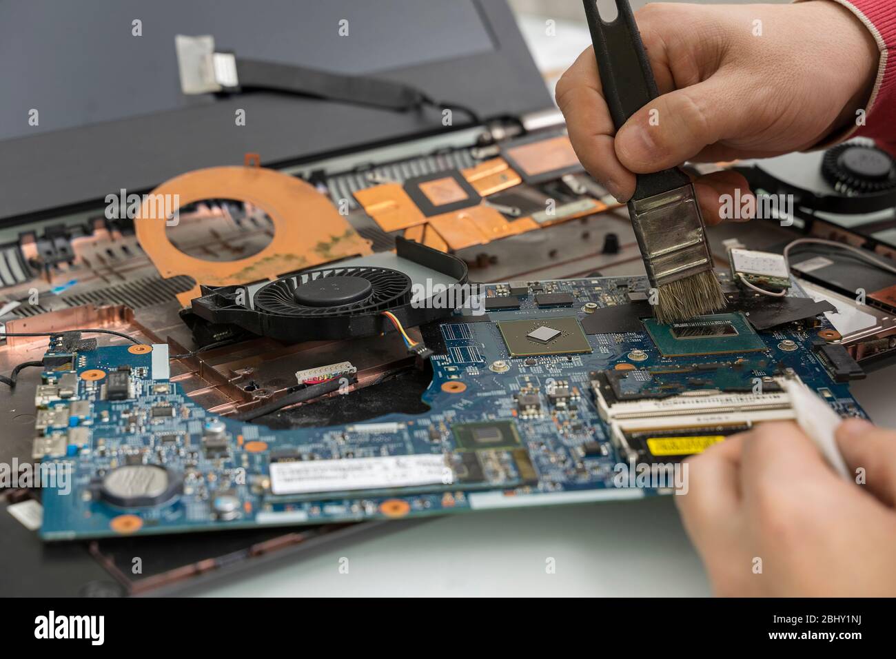 Der Master bürstet den zerlegten Laptop mit einer Bürste. Computerreparatur Stockfoto