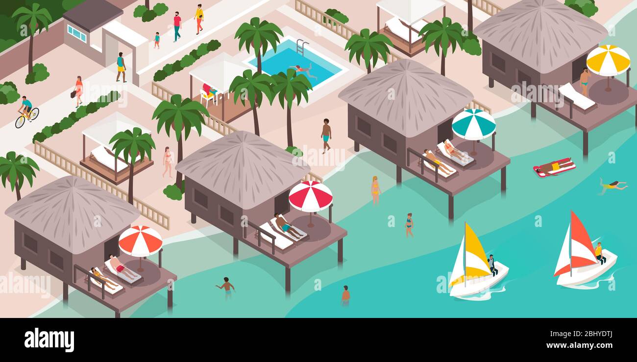 Menschen entspannen im Luxus-Strandresort und üben soziale Distanzierung, isometrische Illustration Stock Vektor