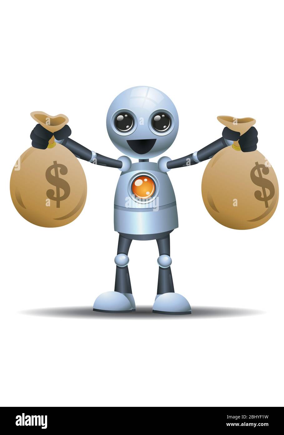 3d-Illustration von kleinen Roboter arbeiten, um reich zu bekommen tragen  zwei Tasche voller Geld auf isolierten weißen Hintergrund Stockfotografie -  Alamy