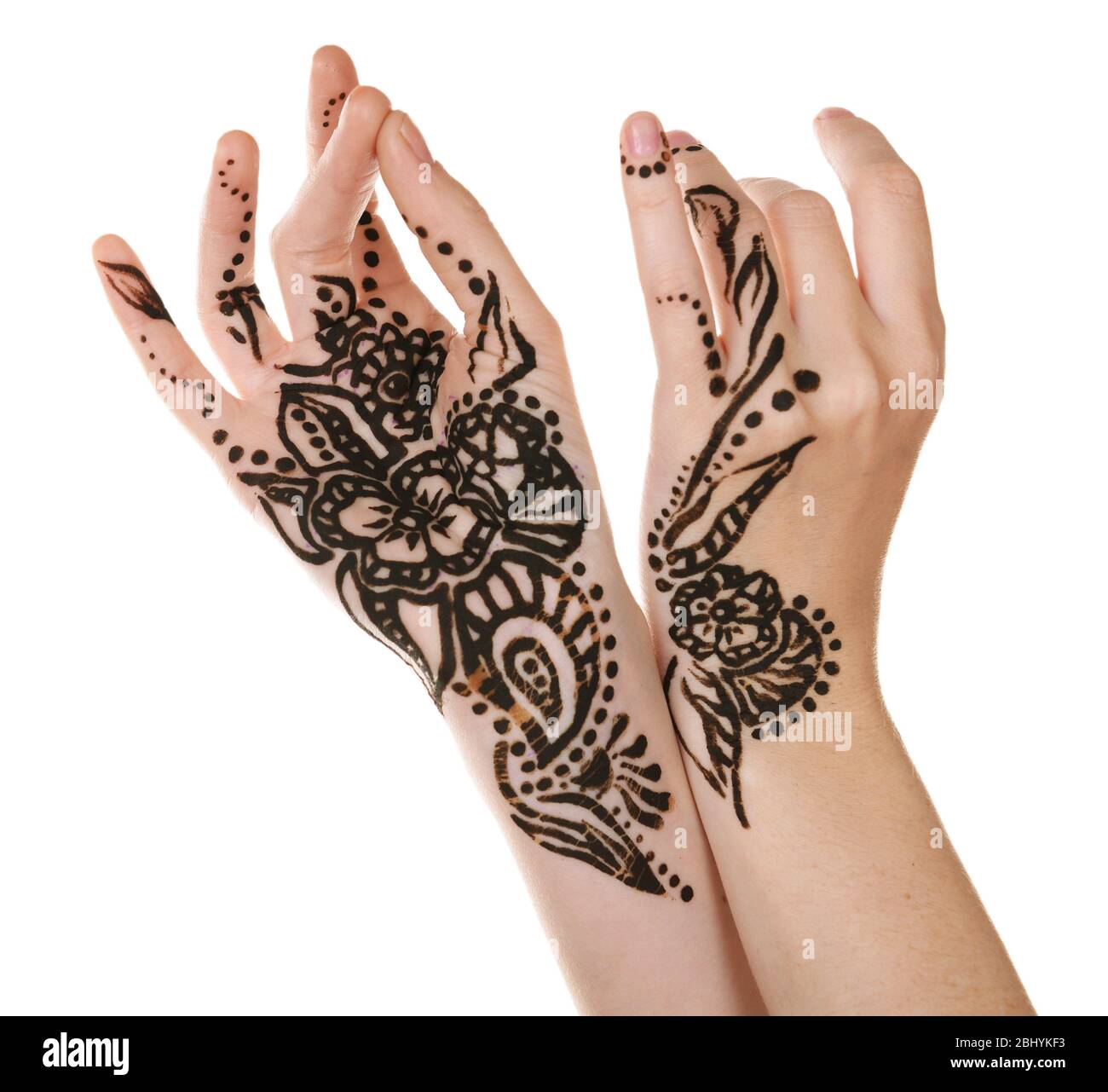 Bild von Henna auf weiblichen Händen isoliert auf weiß Stockfoto