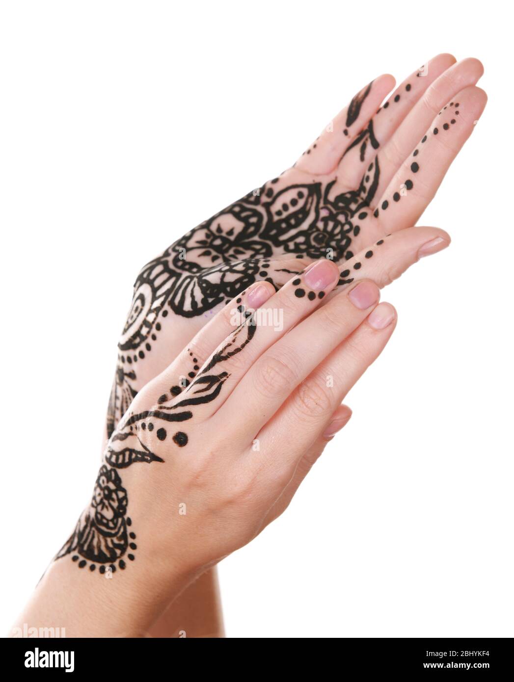 Bild von Henna auf weiblichen Händen isoliert auf weiß Stockfoto