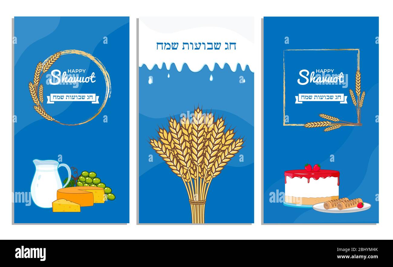 Shavuot Urlaub Geschichten vertikale Banner Vorlage mit Milchkännchen, Käse, Käsekuchen, Weizen Stock Vektor