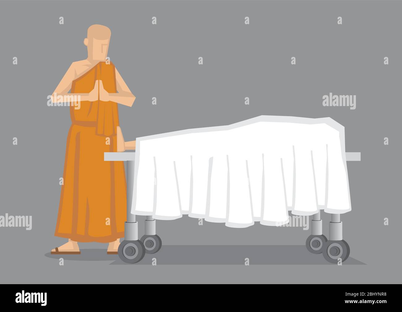 Cartoon Vektor-Illustration eines buddhistischen Mönchs in gelben Robe stehend mit Palmen zusammen von toten Körper bedeckt mit weißem Tuch auf Rollbett. Stock Vektor