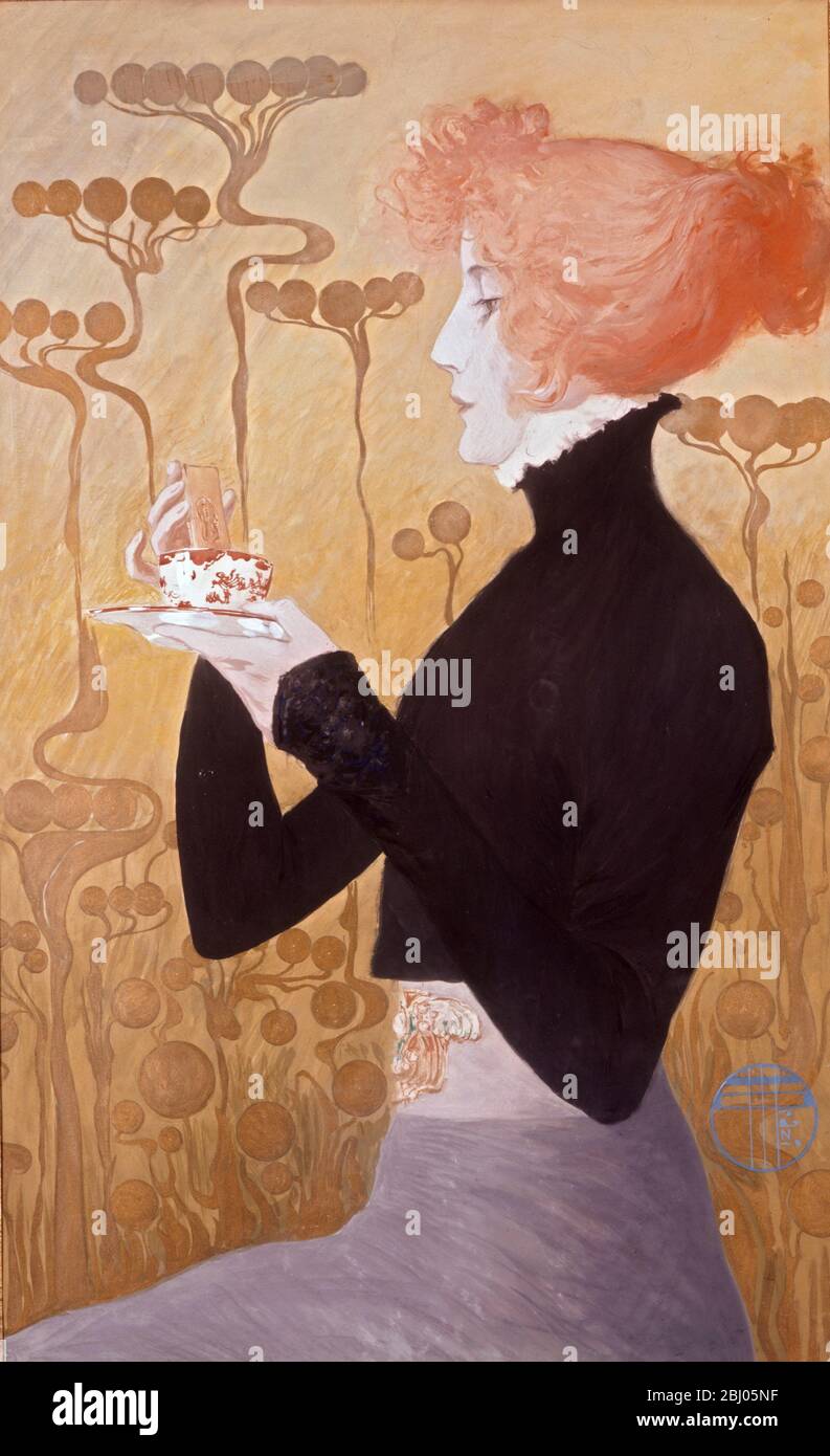 Sarah Bernhardt - von Manuel Orazi (1898-1934) - zu ihren Ehren hat der berühmte Küchenchef Auguste Escoffier vom Savoy Hotel das Dessert Fraises ˆ la Sarah Bernhardt kreiert, das aus Erdbeeren mit Ananas und Curaao Sorbet besteht. Stockfoto