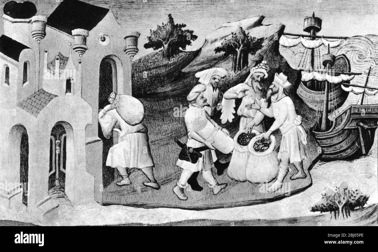 Händler mit Säcken (Gewürze?) Aus Livre des Merveilles - Marco Polo - Buch der Wunder - Stockfoto