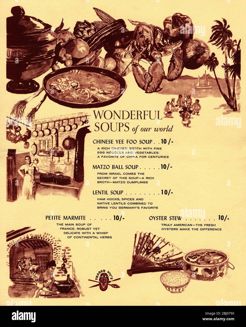Carrier Collection of Menus - Trader Vic's Restaurant - Wonderful Suppen of Our World - 22 Park Lane, Mayfair , London, England Stockfoto