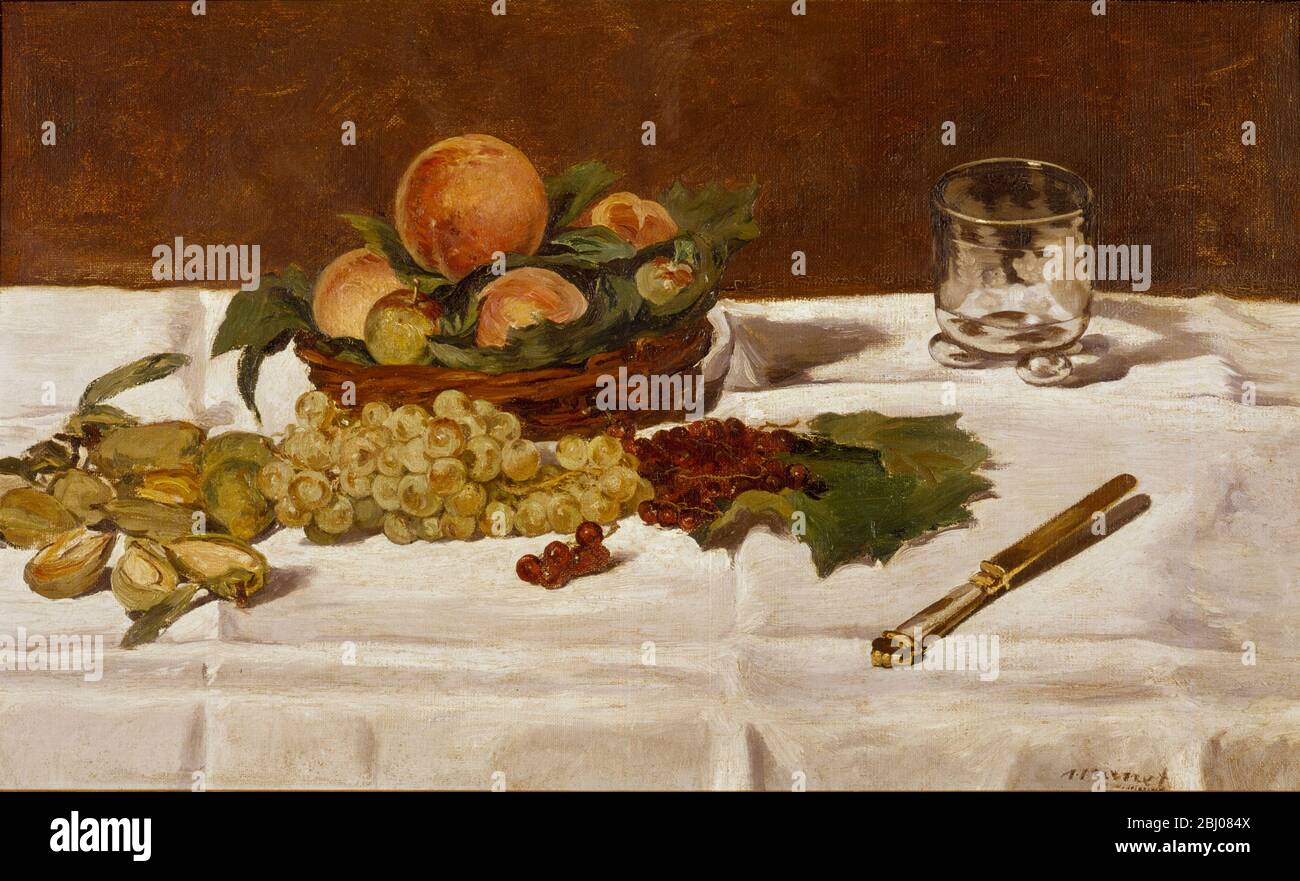Stillleben: Früchte auf einem Tisch, 1864 (Öl auf Leinwand) - Früchte: Rosinen, Peches et amandes - Künstler Manet, Edouard (1832-83) - Ort Musee d'Orsay, Paris, Frankreich Stockfoto