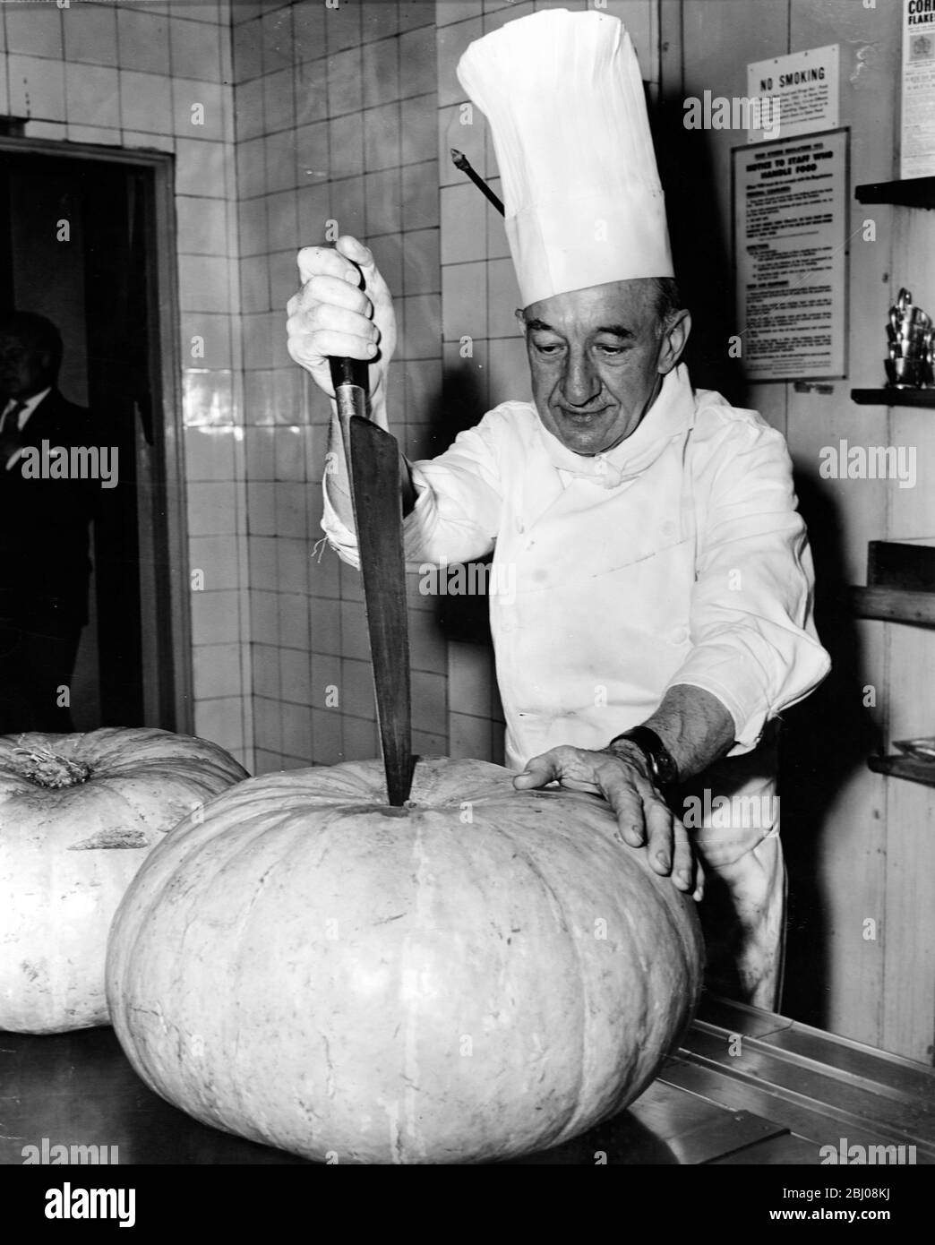 Jean Boutheney, ein französischer Koch, der in Newcastle-upon-Tyne geboren wurde, zerkleinert einen großen Kürbis, um die Kürbiskuchen vorzubereiten, die er für die Feierlichkeiten zum Thanksgiving Day in der englischsprachigen Union in London, England, machen wird. - 25. November 1959 - Stockfoto