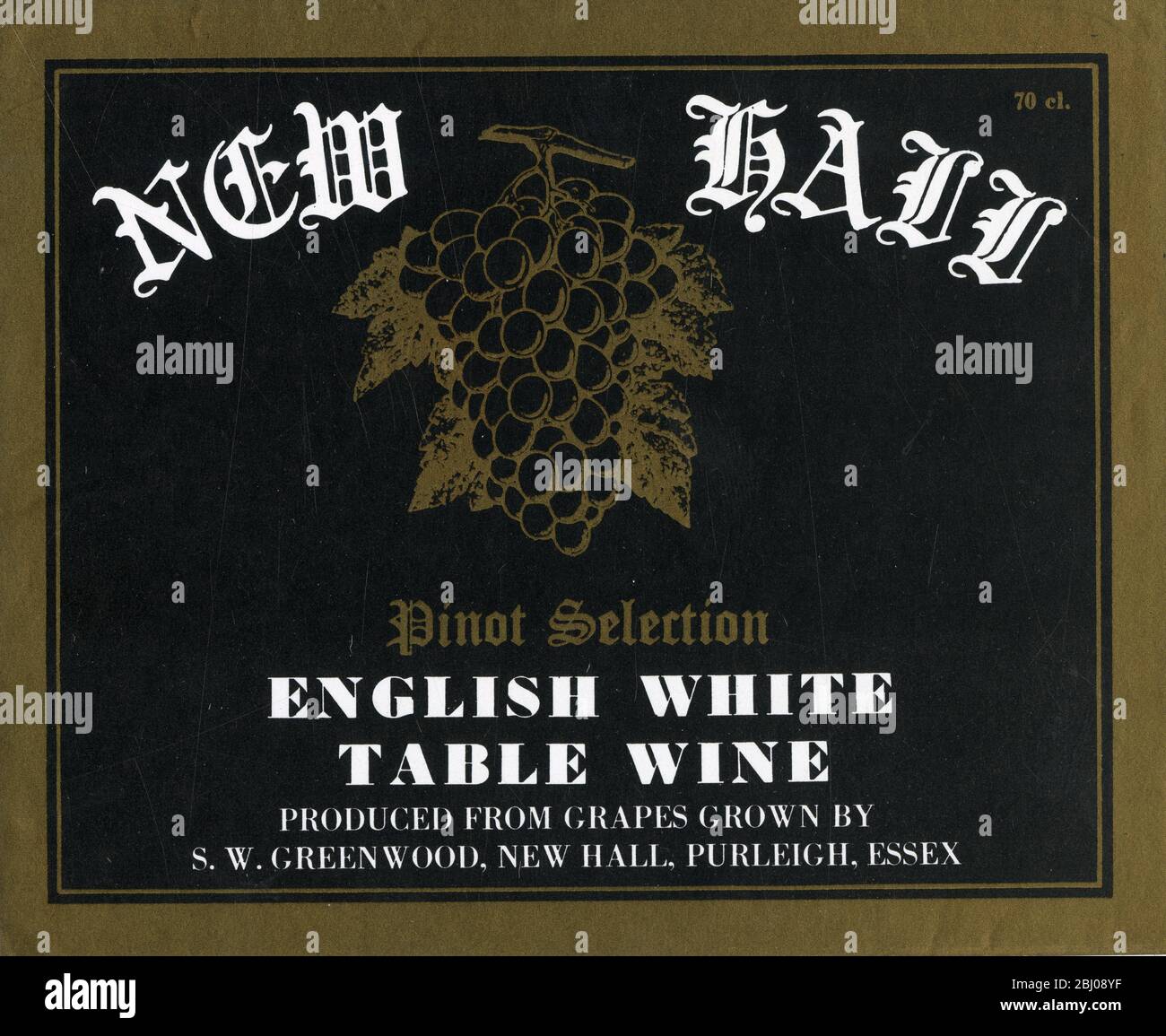 Weinetikett - New Hall Table Wine. Hergestellt aus Trauben von S.W.Greenwood, New Hall Vinyard, Essex. Stockfoto