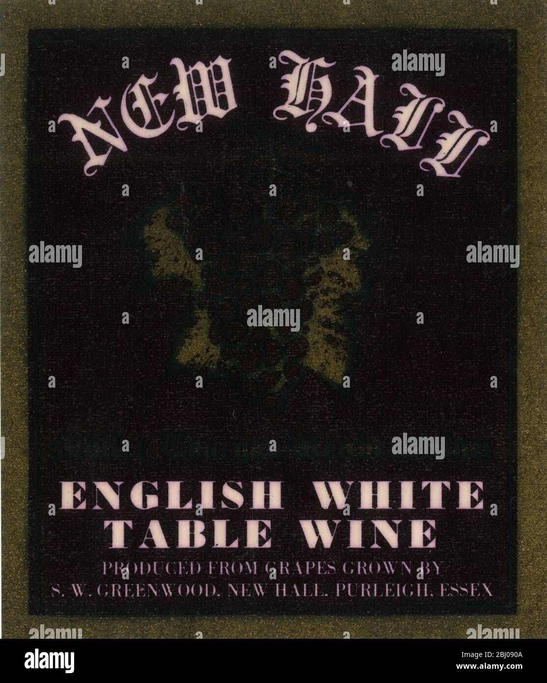 Weinetikett - New Hall Table Wine. Hergestellt aus Trauben von S.W.Greenwood, New Hall Vinyard, Essex. Stockfoto