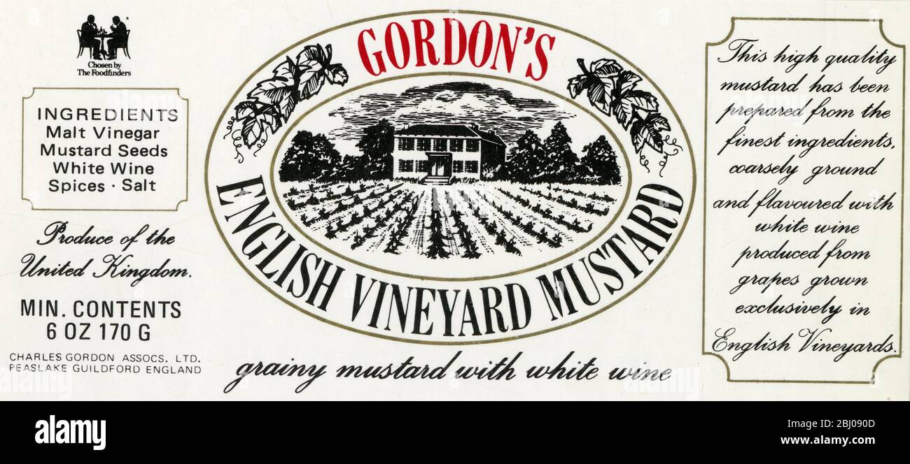 Etikett für Gordon's English Vineyard Senf. Ein körniger Senf mit Weißwein. Produziert von Charles Gordon Assocs. Ltd., Guildford England. Stockfoto