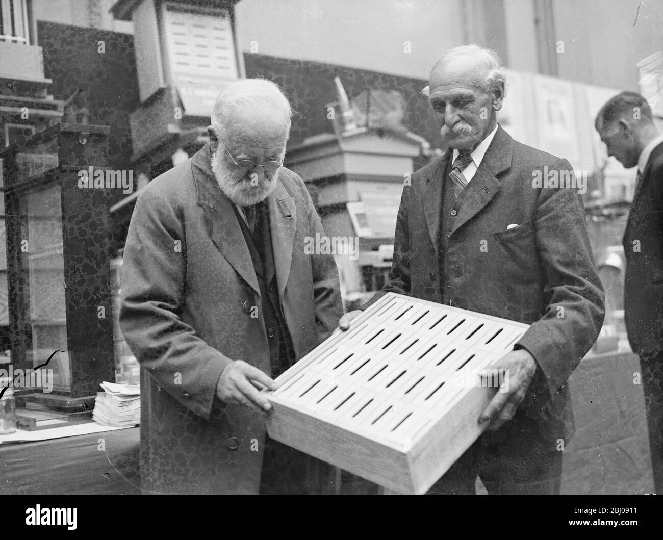 Sussex, der älteste Imker Englands, der 85-jährige C. T. Overton aus Crawley, der seit 1882 Bienen hält, stellt auf der National Honey Show in der Horticultural Hall in Westminster aus. Herr Overton (rechts) zeigt dem 75-jährigen J. W. Marsh bei Woking auf der National Honey Show ein Bienenstock-Sektionsgestell. Marsh hat diese Szenen 1886 geführt. - 2. September 1937 Stockfoto