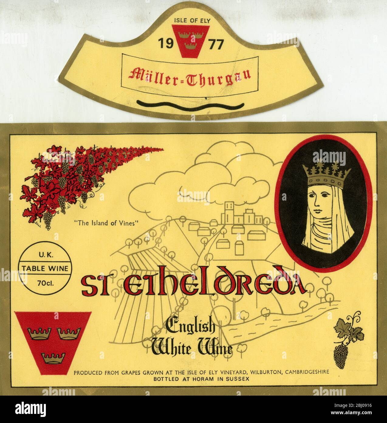 Wine Label - St Etheldreda Muller Thurgau Englischer Weißwein. Hergestellt aus Trauben, die auf der Isle of Ely Vineyard, Wilburton, Cambridgeshire angebaut werden. - 1977 Stockfoto