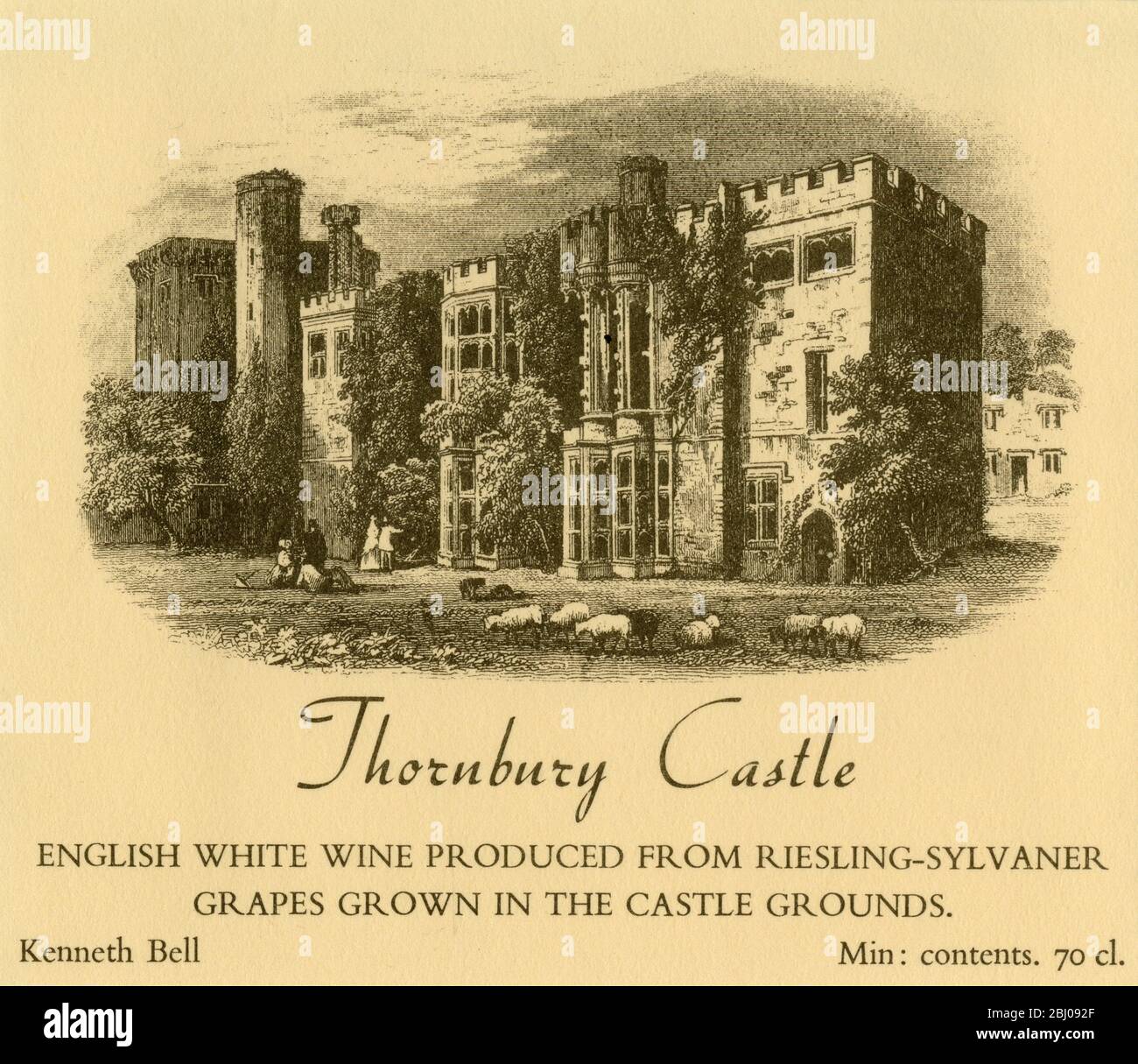 Weinetikett - Thornbury Castle Englischer Weißwein. Hergestellt aus Riesling-Sylvaner-Trauben, die auf dem Schlossgelände in Bristol angebaut werden. Stockfoto
