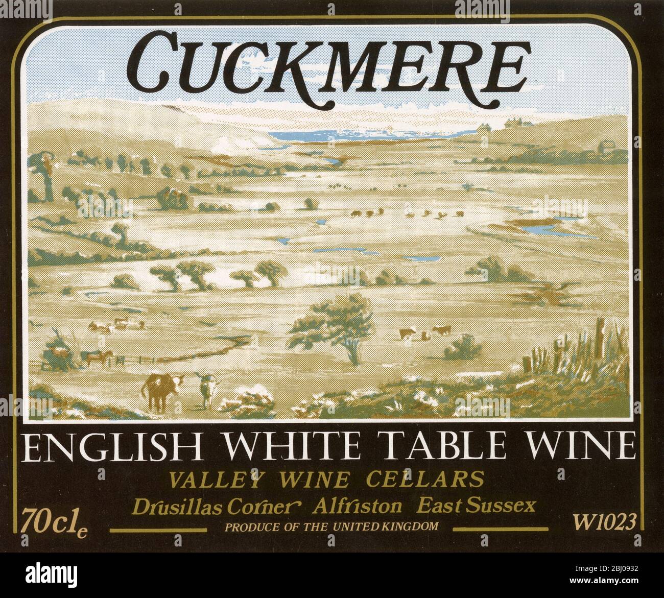Wine Label - Cuckmere englischer Tisch Weißwein. Produziert von Drusillas Corner, Alfriston, East Sussex. Stockfoto