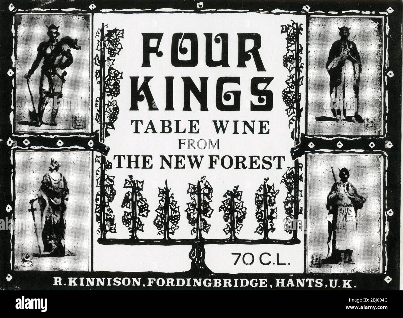 Weinetikett - Tafelwein der vier Könige aus dem Neuen Wald. R.Kinnison Fordingbridge, Hants, Großbritannien. - Stockfoto