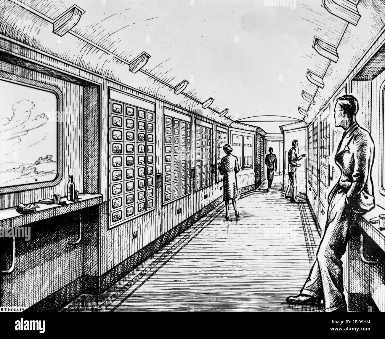 Trainieren Sie Snacks an Spielautomaten. - Snacks, Zigaretten und Getränke werden jederzeit während einer Zugfahrt zur Verfügung stehen, wenn die G W R ihren Automaten Buffet Cars in Betrieb nimmt, der als der erste seiner Art weltweit gilt. - Foto zeigt, ein Künstlereindruck von den Hunderten von Coppmpages, aus denen Sixpence oder ein Shilling im Slot Lebensmittel und Getränke im Zug kaufen. Durch die Beobachtungsfenster können die Passagiere „eine Mahlzeit mit Aussicht“ genießen. - 27. Dezember 1945 Stockfoto