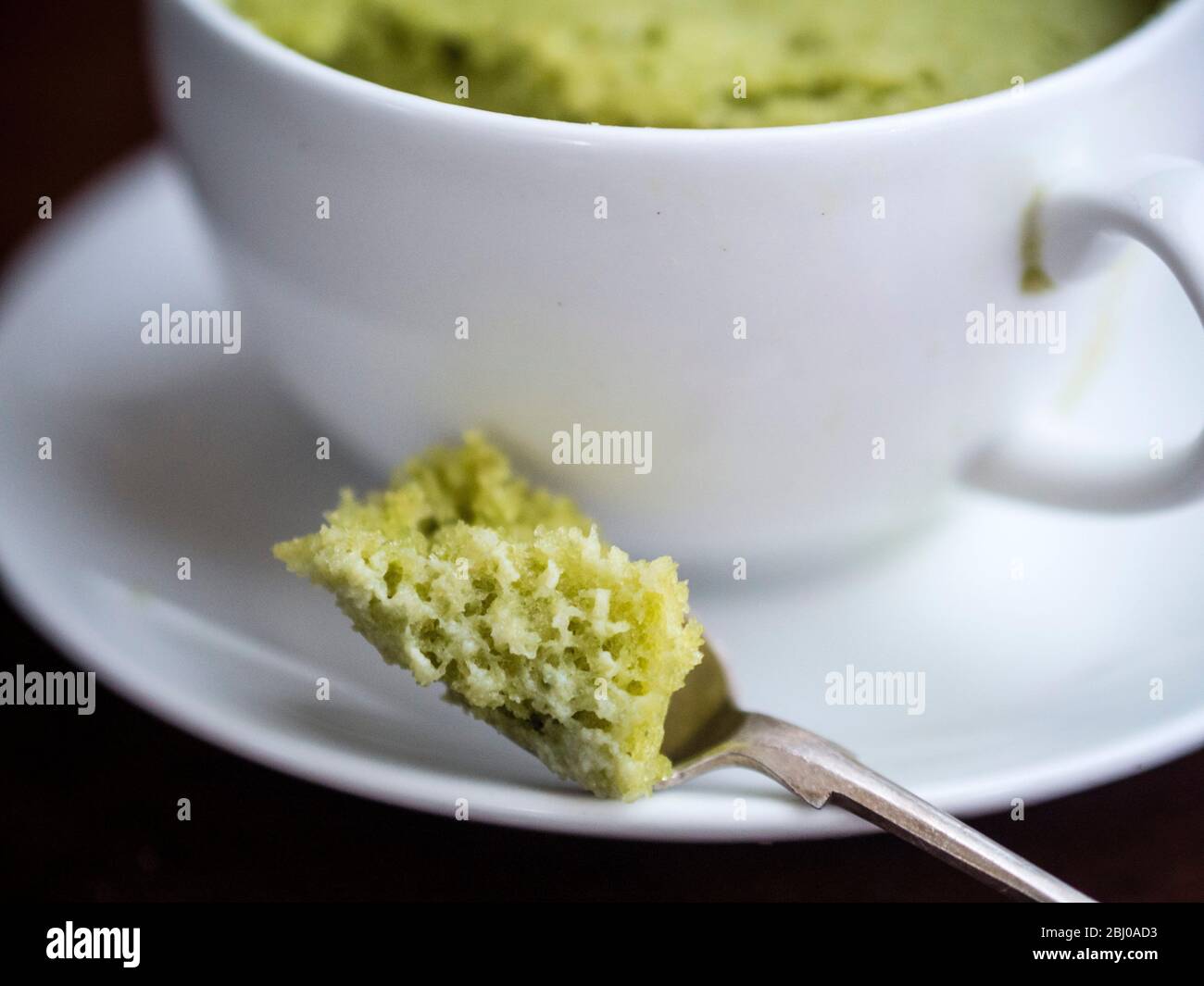 Köstliche einfache Kuchen mit gemahlenen Mandeln und Matcha Grüntee-Pulver, in einer Tasse in einer Mikrowelle gebacken. Stockfoto