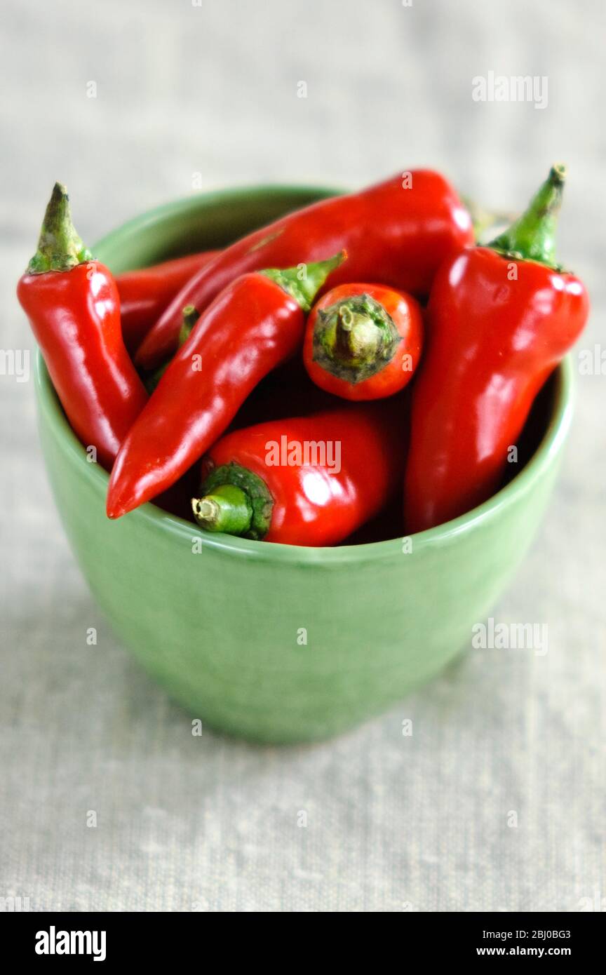 Glänzende rote Chilischoten in grüner Schüssel - Stockfoto
