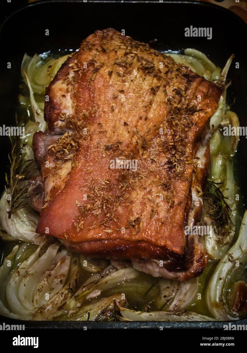 Ein Stück Schweinebauch mit Fenchelsamen auf Zwiebelbett und florenz Fenchel in Metall-Rösterform geröstet - Stockfoto