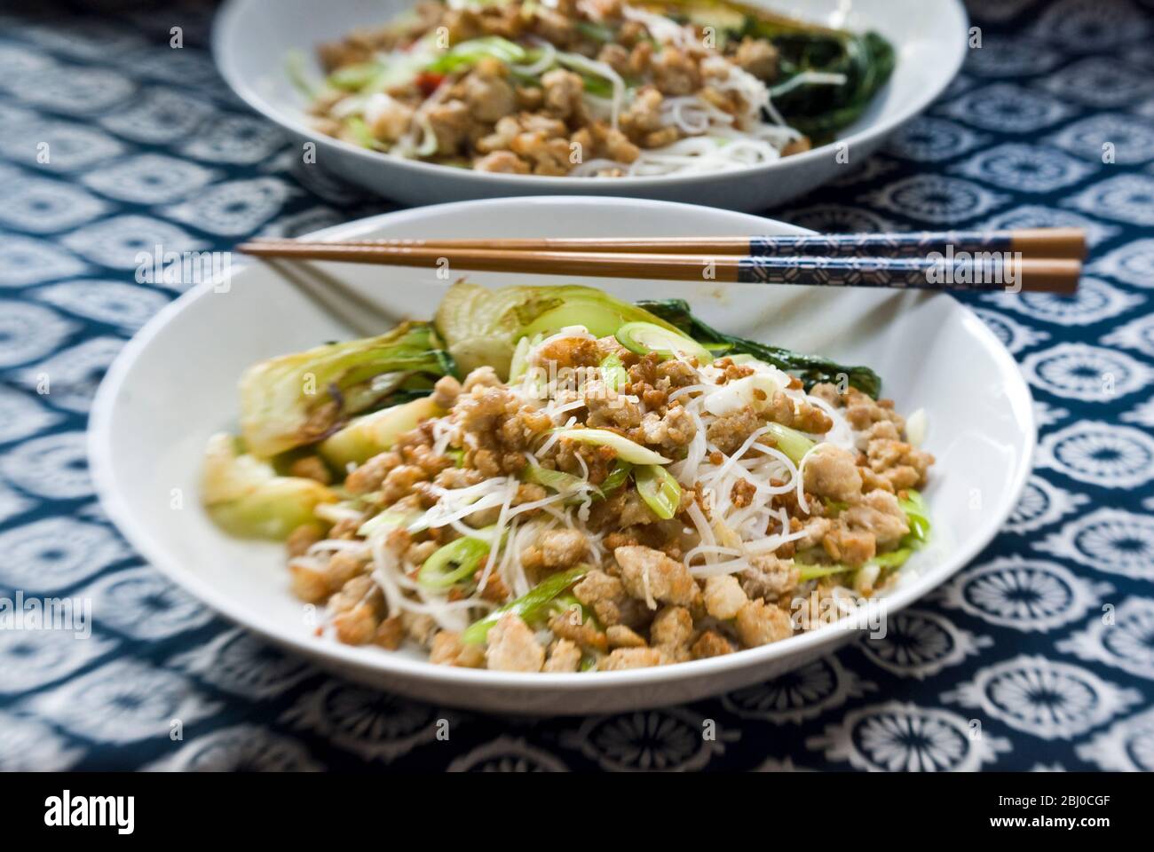 Larb: Ein thailändisches Gericht aus gehacktem Schweinefleisch, mit Knoblauch, geriebenem frischen Ingwer, Chili und in Limettensaft und thai-Fischsauce (Nam Pla) gekleidet. Der Stockfoto