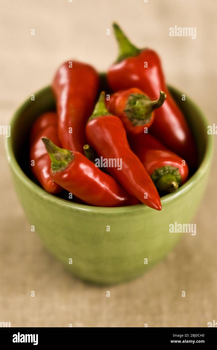 Rote scharfe Chilischoten in grüner Schüssel - Stockfoto