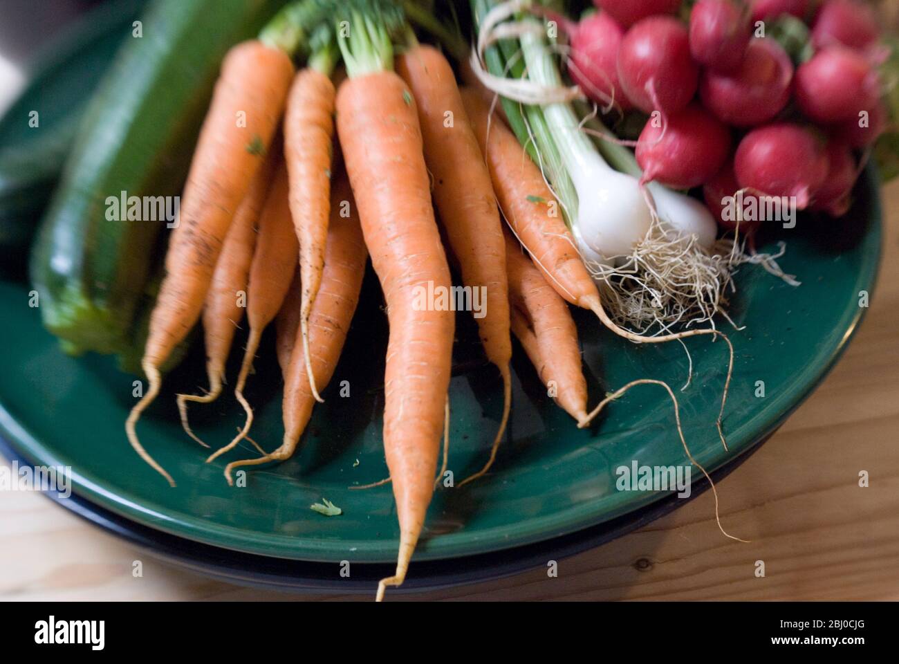 Frisches Gemüse vom Bauernmarkt auf dunkelgrüner Platte - Stockfoto
