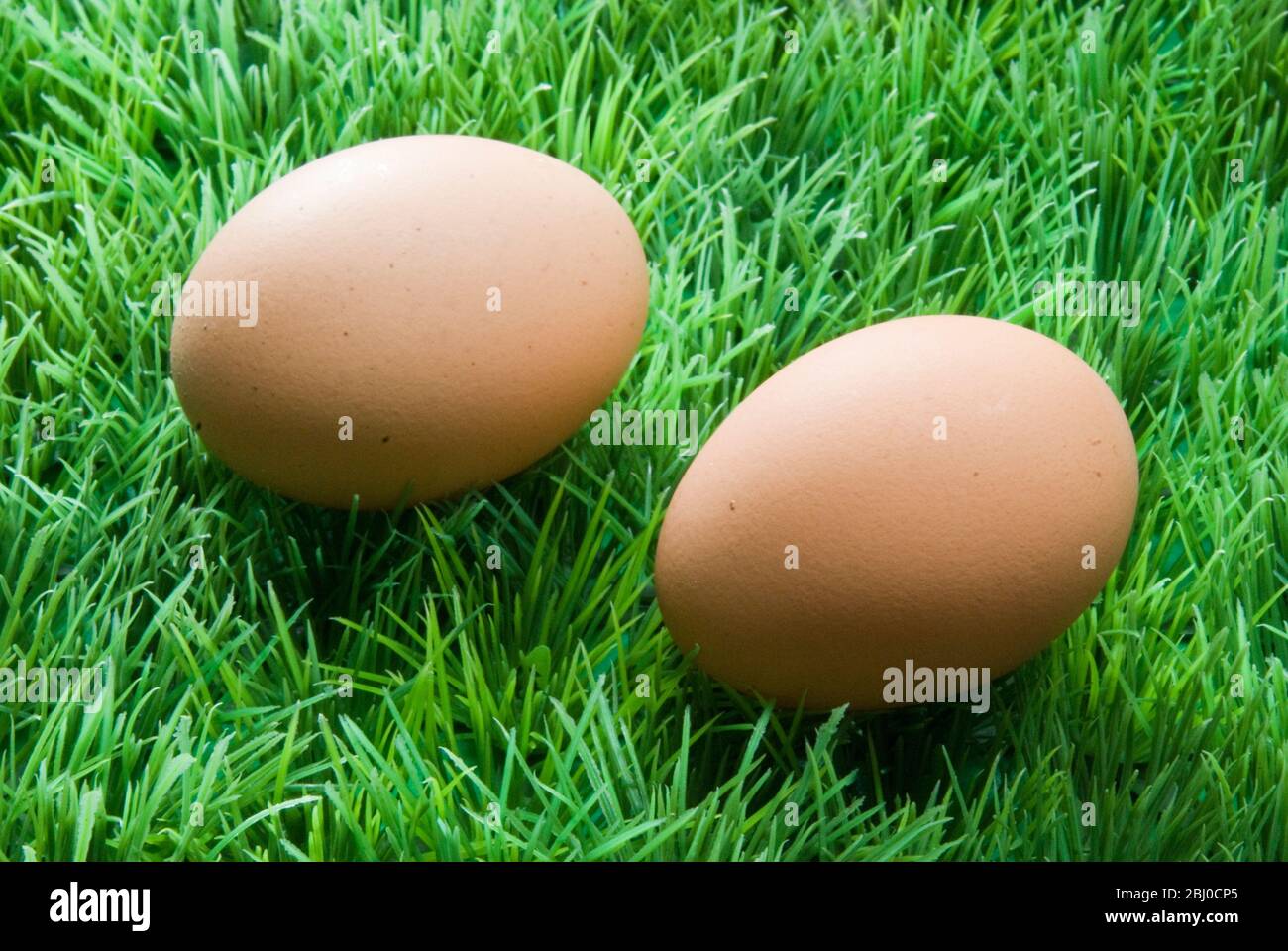 Zwei braune Eier auf gefälschtem grünem Plastikgras - Stockfoto