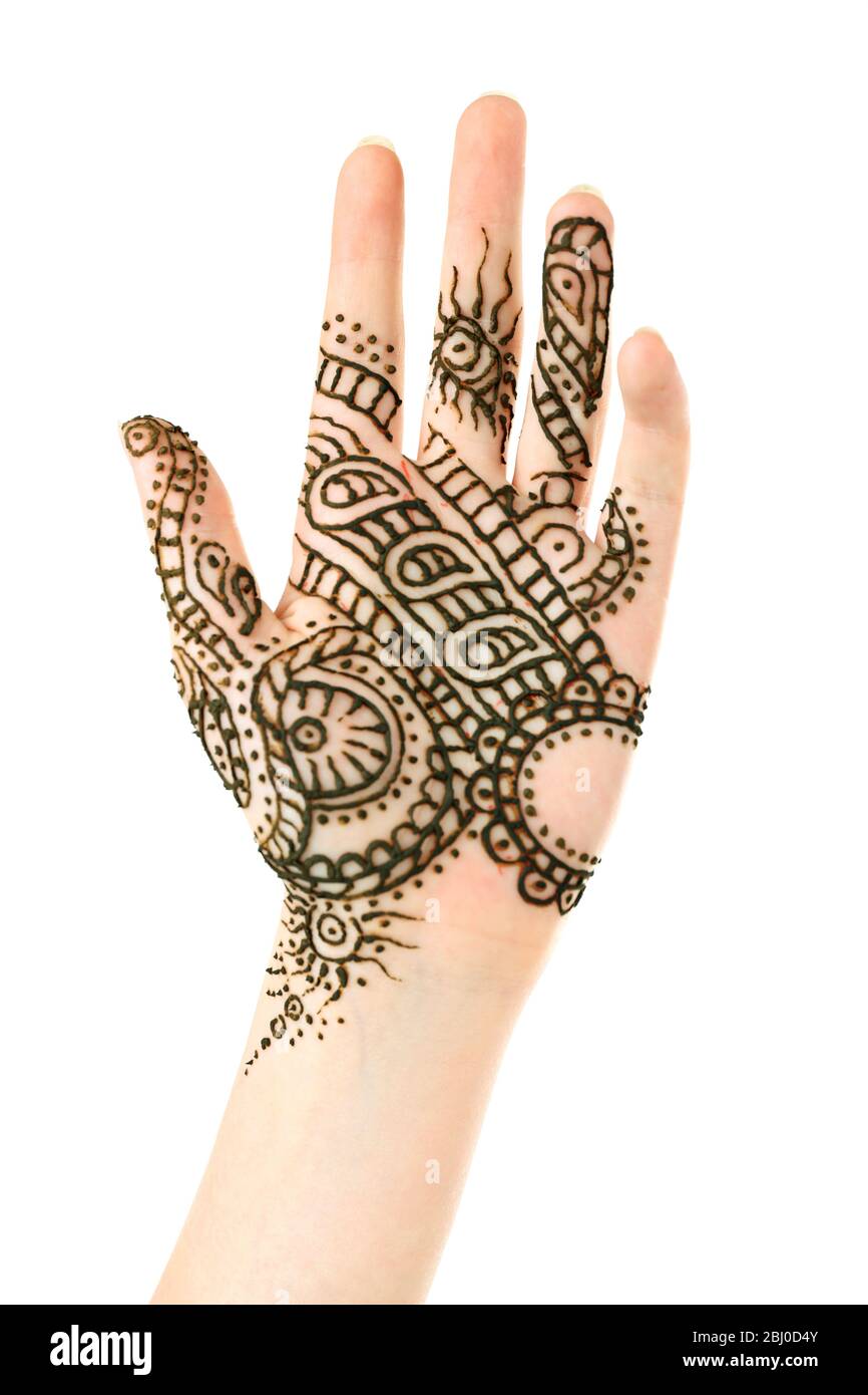 Bild von Henna auf weiblicher Hand isoliert auf weiß Stockfoto