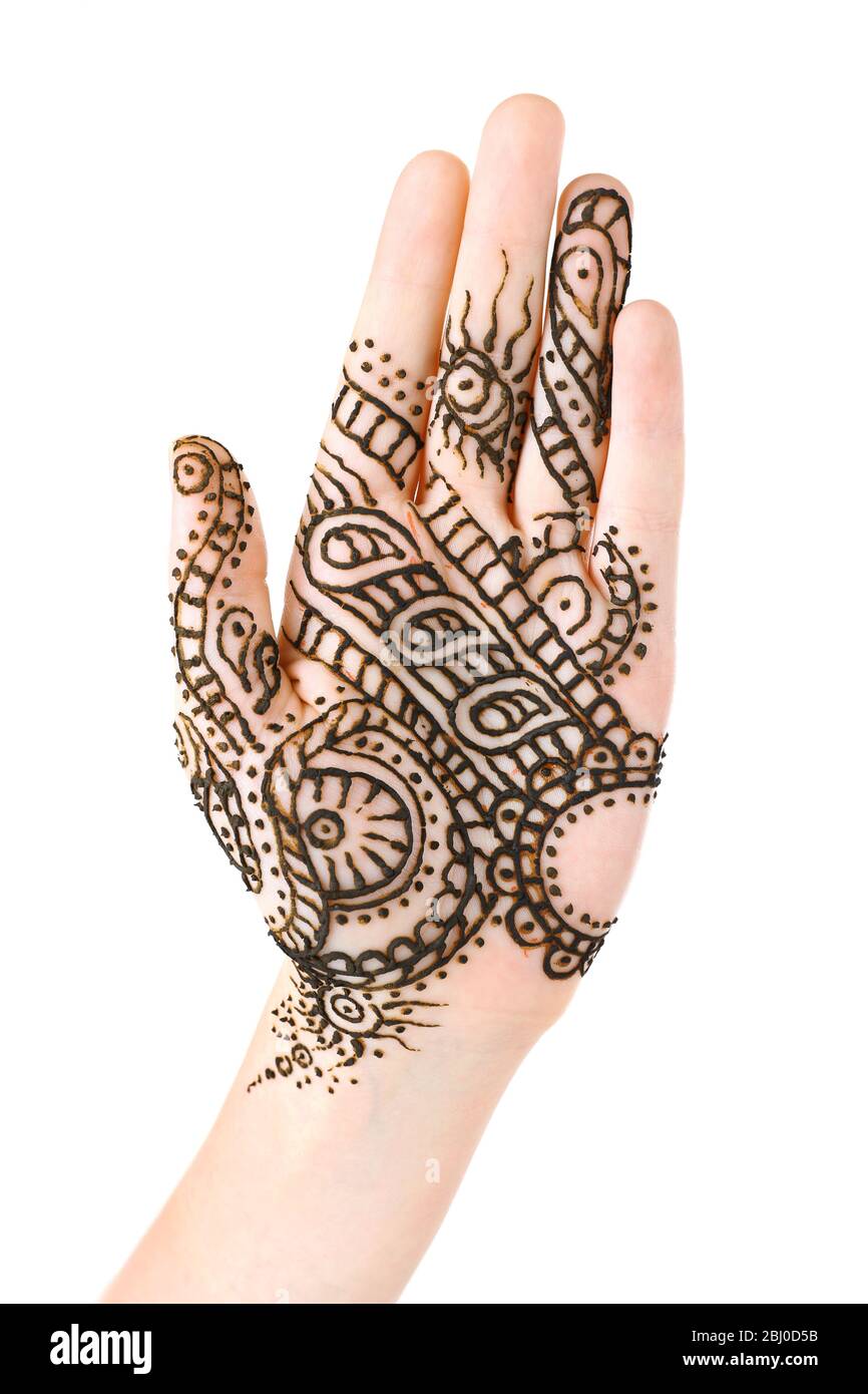 Bild von Henna auf weiblicher Hand isoliert auf weiß Stockfoto
