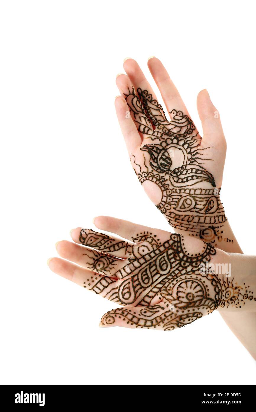 Bild von Henna auf weiblichen Händen isoliert auf weiß Stockfoto