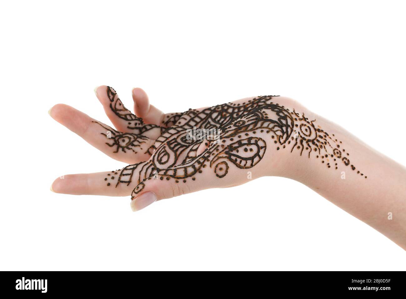 Bild von Henna auf weiblicher Hand isoliert auf weiß Stockfoto