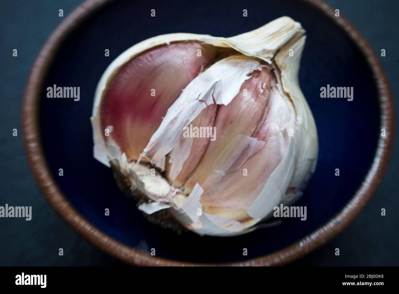 Einzelne Knoblauchzwiebel in einer kleinen Schüssel aufgebrochen - Stockfoto