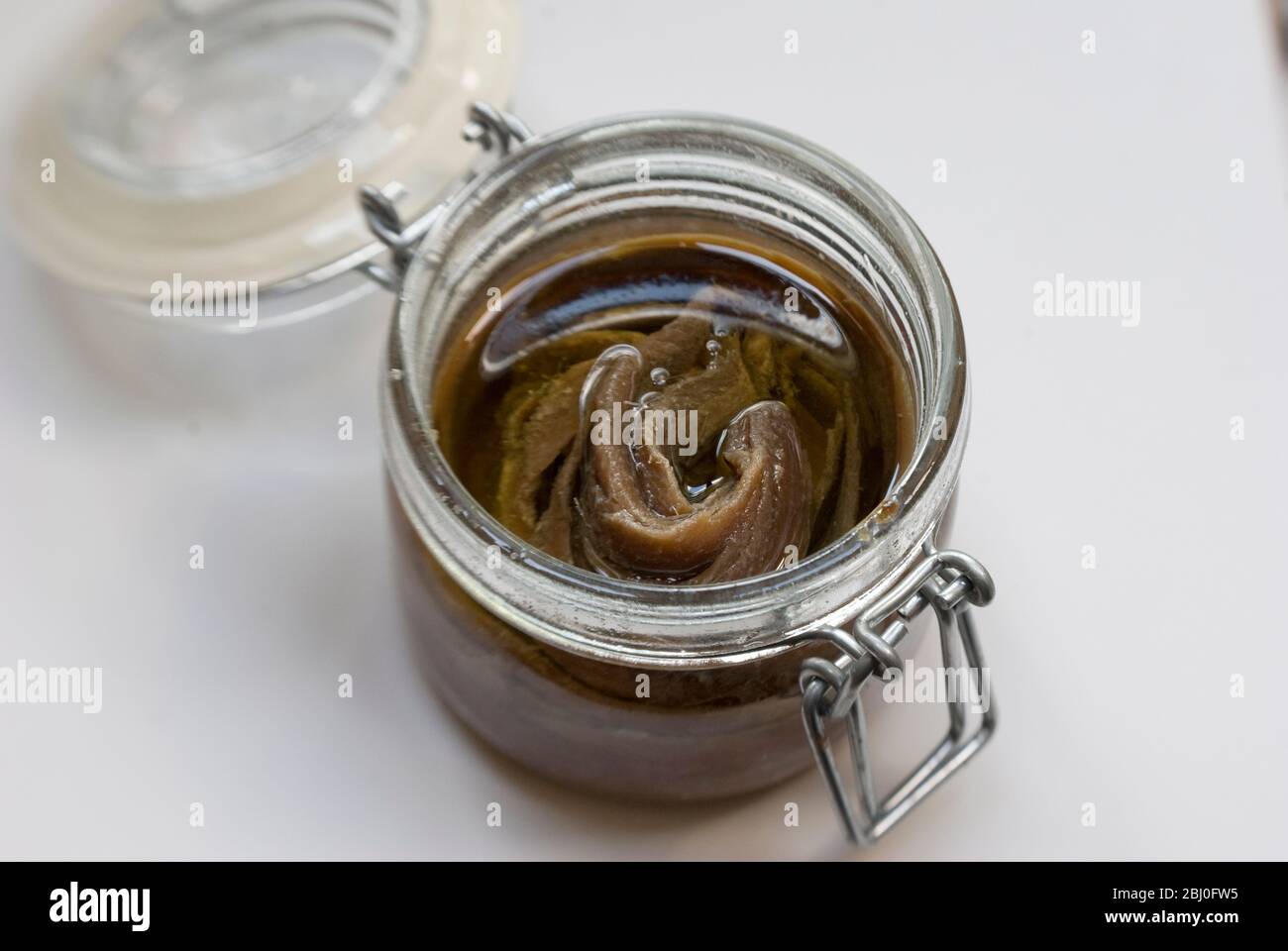 Filets von Sardellen in Öl in Konservierglas. - Stockfoto