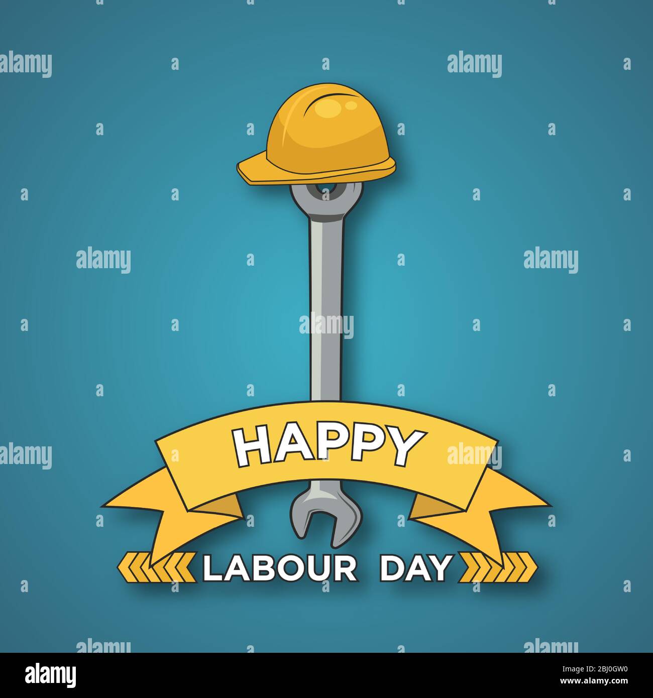 Happy Labor Day Design. Feierlichkeiten zum Internationalen Tag der Arbeit am 1. Mai. Abbildung von Arbeitsschlüssel und Helm auf blauem Hintergrund. Stock Vektor