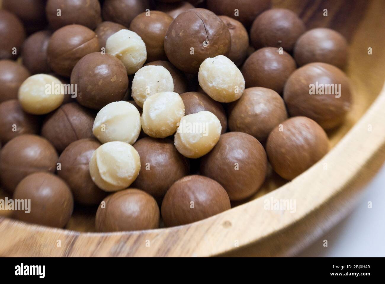 Ganze Macadamianüsse in ihren Schalen und geschält, geröstete Nüsse in Holzschale - Stockfoto