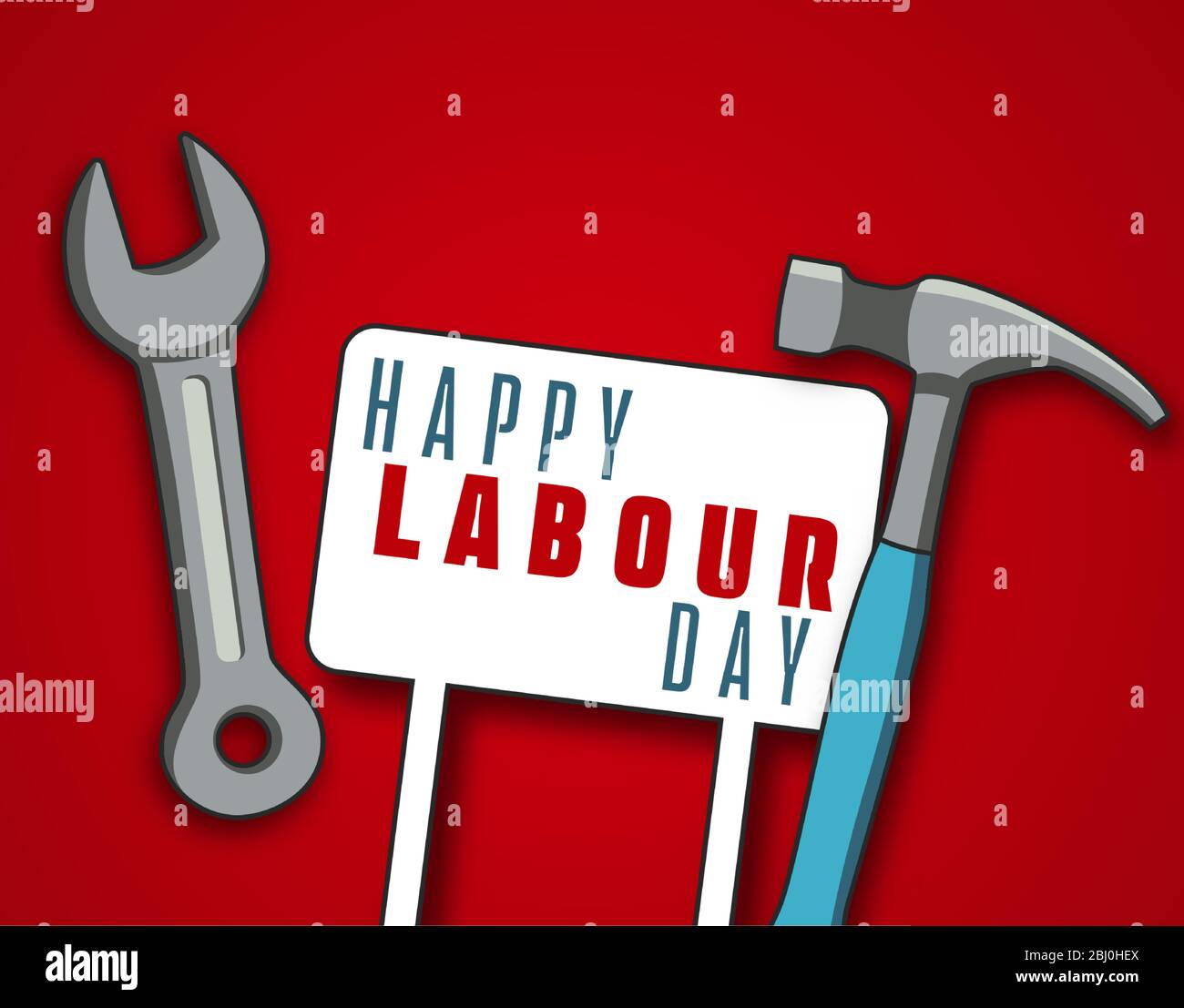 Happy Labor Day Poster oder Banner. 1. Mai Internationaler Tag Der Arbeit. Abbildung eines Hammers und Schraubenschlüssels und eines Brettes, das Labor Day liest. Stock Vektor