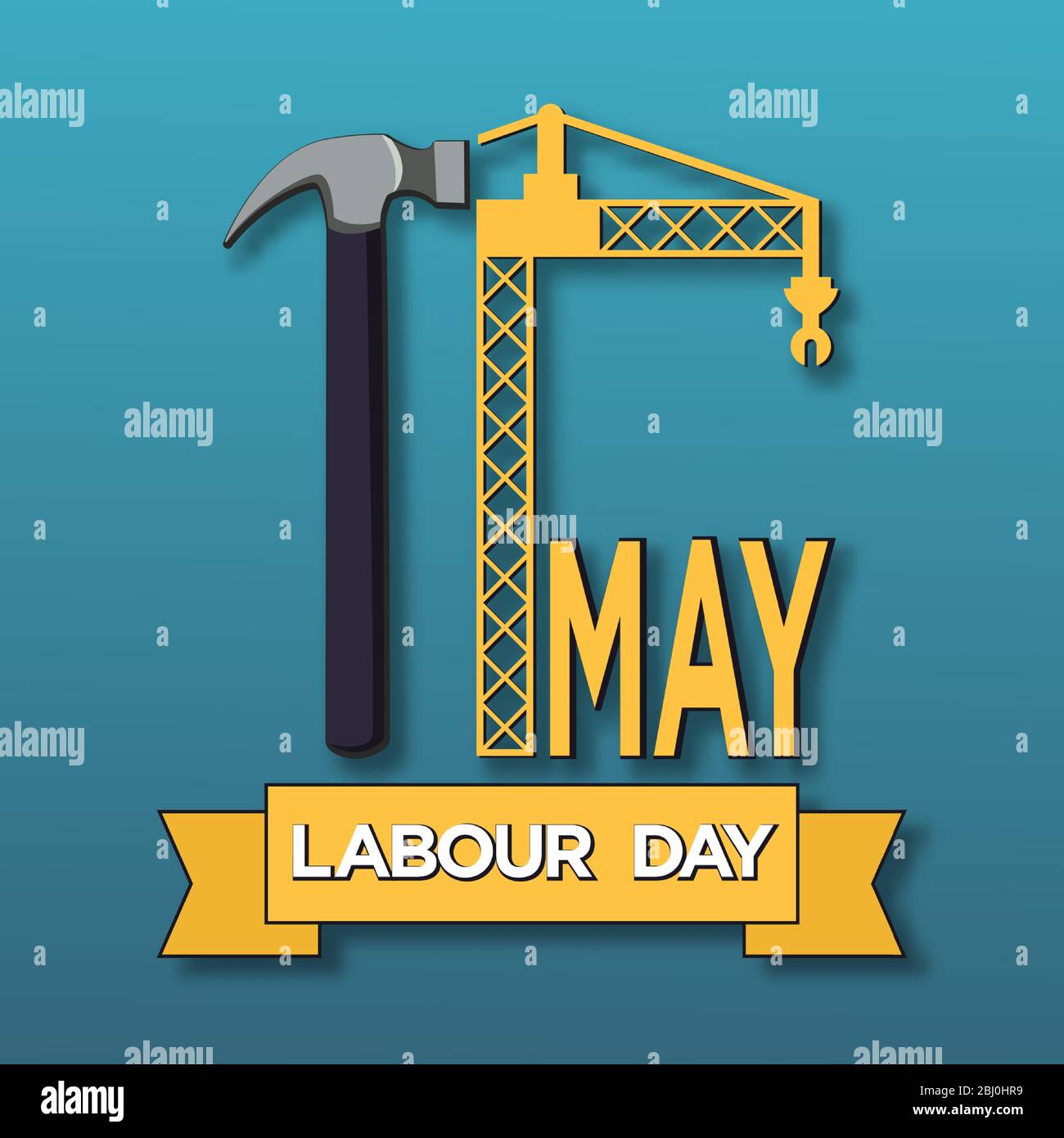 Happy Labor Day Poster oder Banner. 1. Mai Internationaler Tag der Arbeit. Illustration von Hammer und gelbem Kran. Stock Vektor