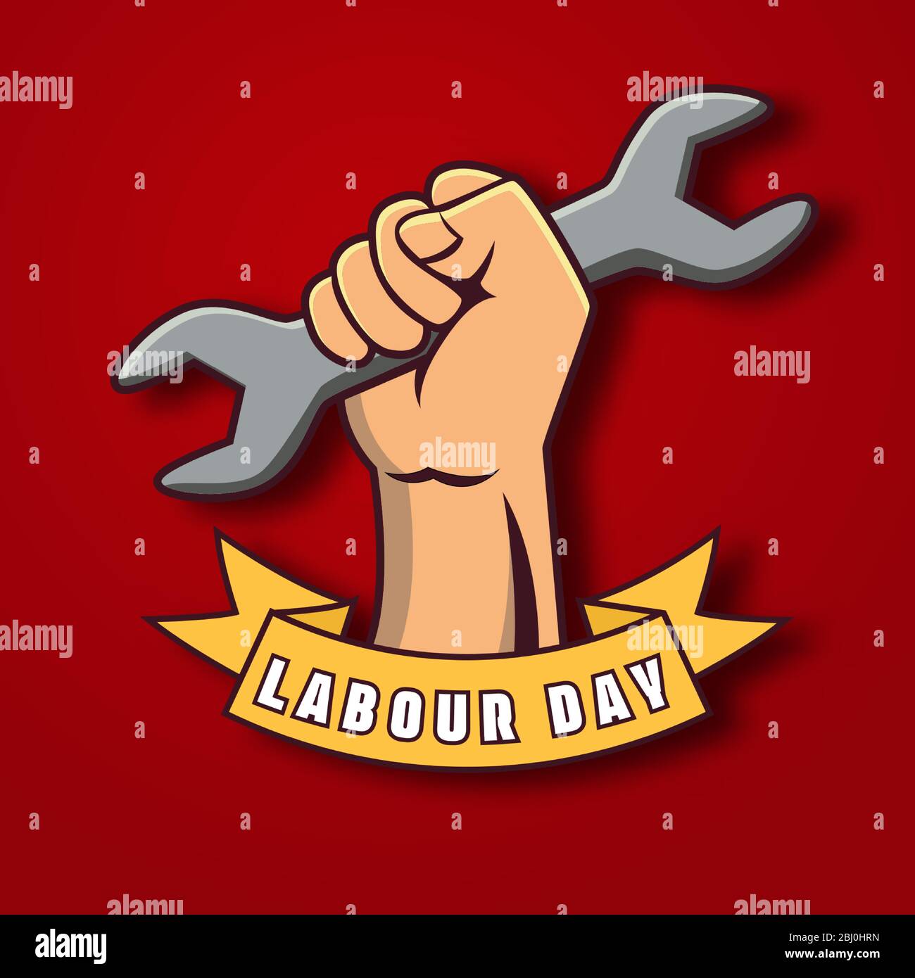 Happy Labor Day Poster oder Banner. 1. Mai Internationaler Tag der Arbeit. Illustration einer Hand, die einen Schraubenschlüssel auf rotem Hintergrund hält. Stock Vektor