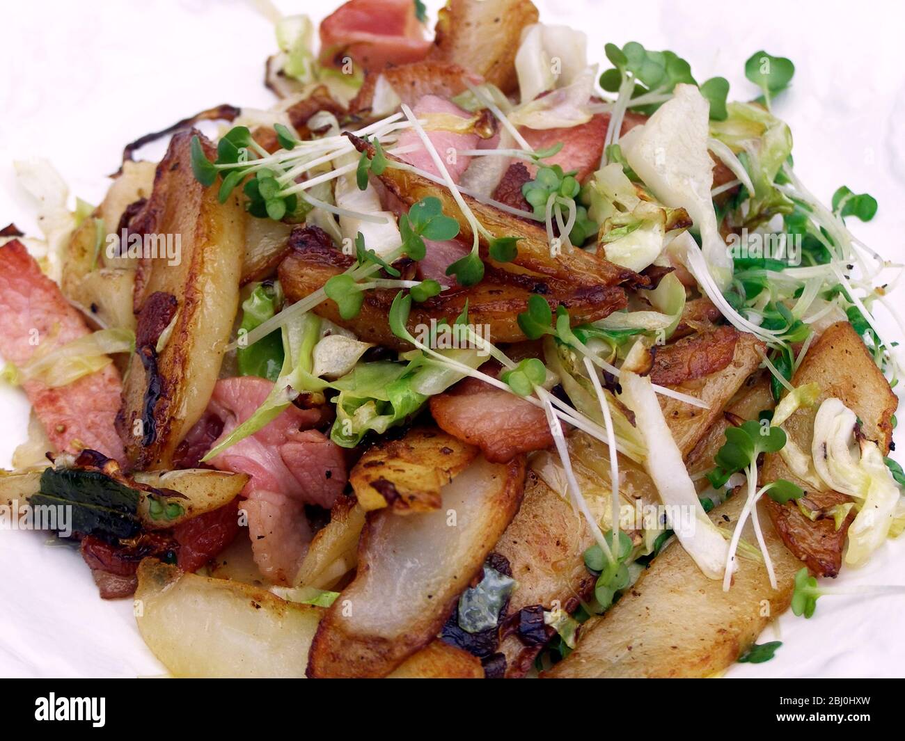 Panfried Kartoffeln mit Speck, Salatblätter und Kresse - Stockfoto