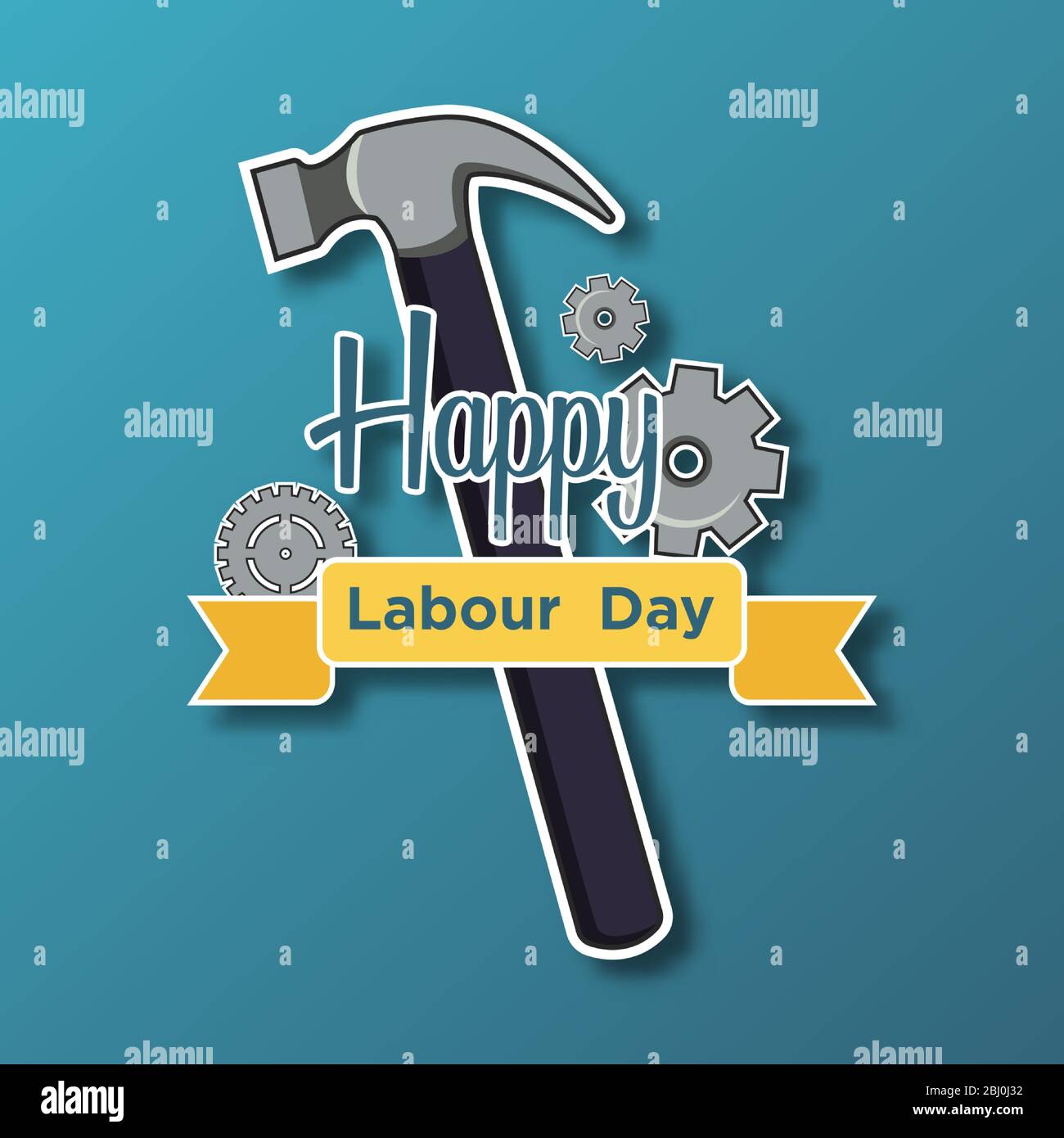 Happy Labor Day Poster oder Banner. 1. Mai Internationaler Tag der Arbeit. Mit Hammer und Ausrüstung auf blauem Hintergrund. Stock Vektor