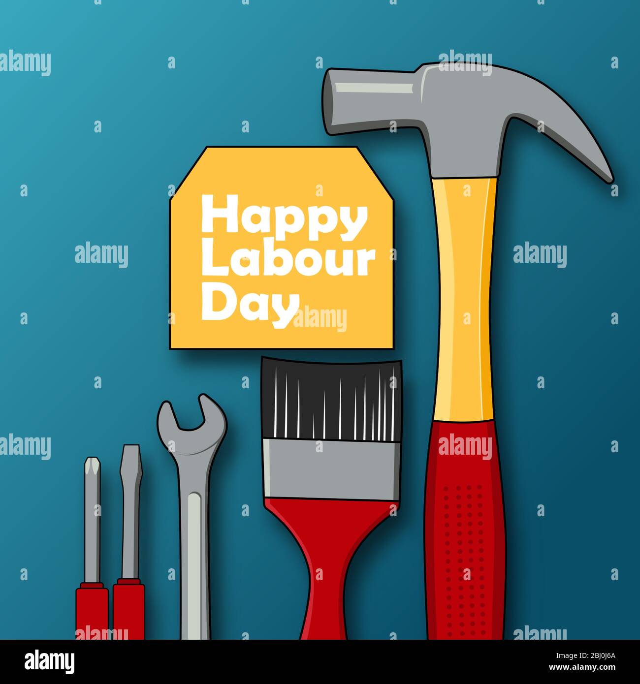 Happy Labor Day Poster oder Banner-Design. 1. Mai Internationaler Tag Der Arbeit. Abbildung von Hammer, Bürste, Schraubenschlüssel und Schraubendreher. Stock Vektor