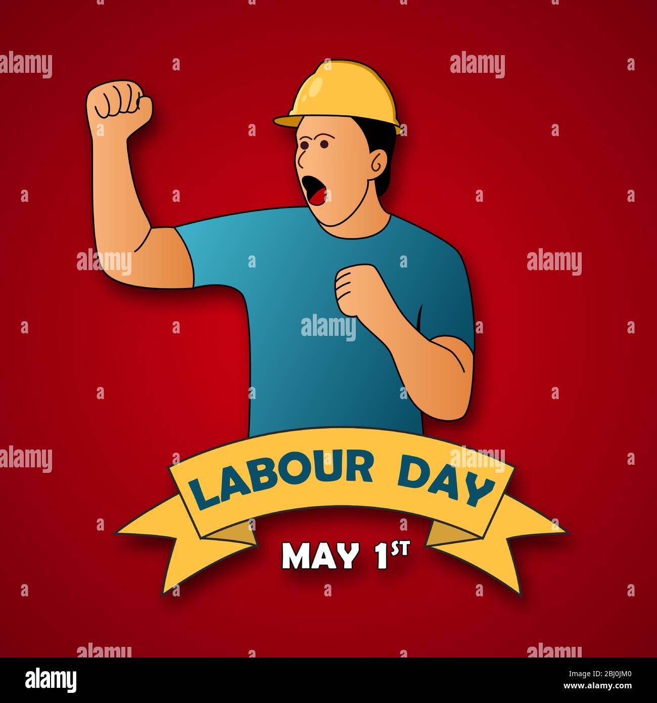 Happy Labor Day Poster oder Banner-Design. 1. Mai Internationaler Tag Der Arbeit. Mit einer Abbildung von jemandem, der einen Arbeitshelm trägt. Stock Vektor