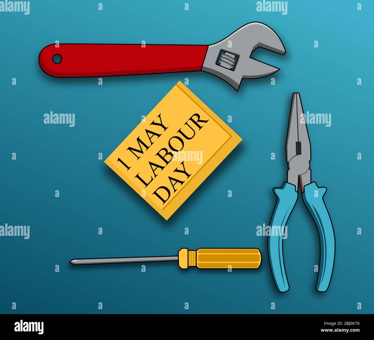 Happy Labor Day Poster oder Banner-Design. 1. Mai Internationaler Tag Der Arbeit. Mit Abbildungen von Zangen, Schraubenschlüsseln und gelben Schraubendrehern. Stock Vektor
