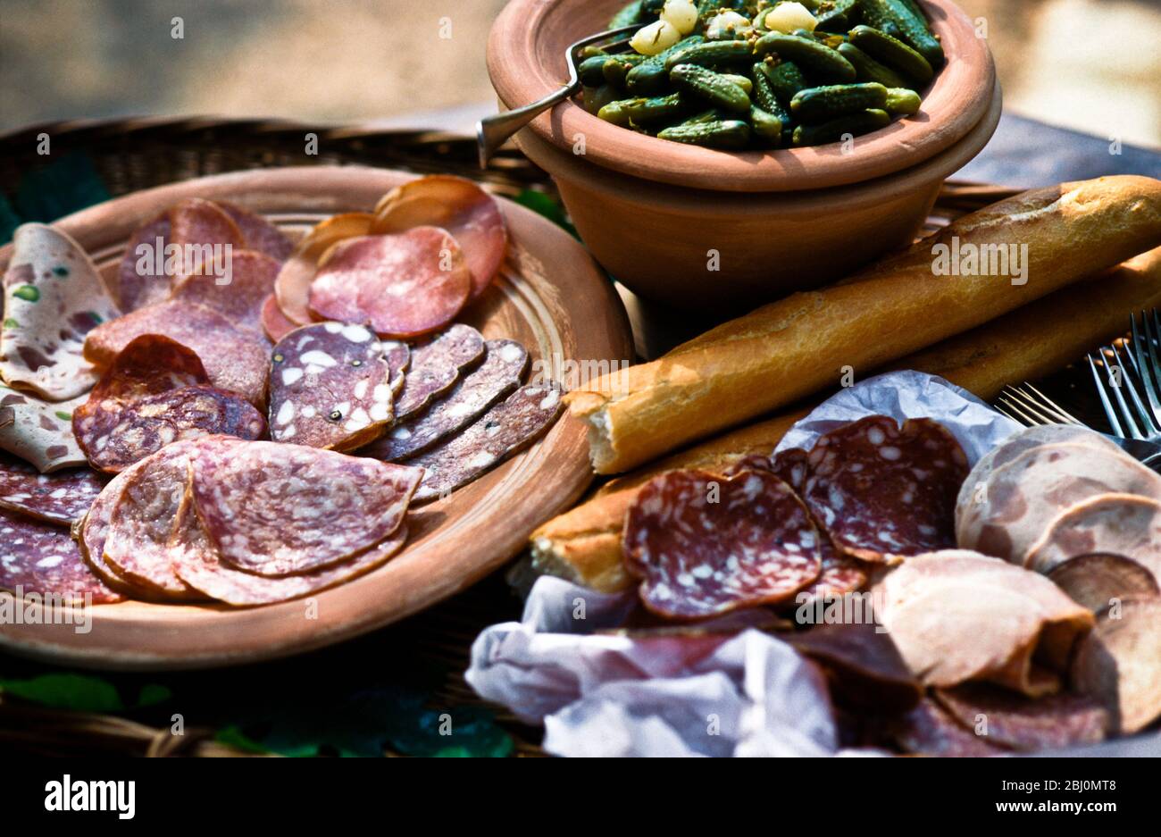 Auswahl an italienischen Wurst-, Apfelfleisch- und Salamisorten, mit Gurken und französischen Brotstäbchen - Stockfoto