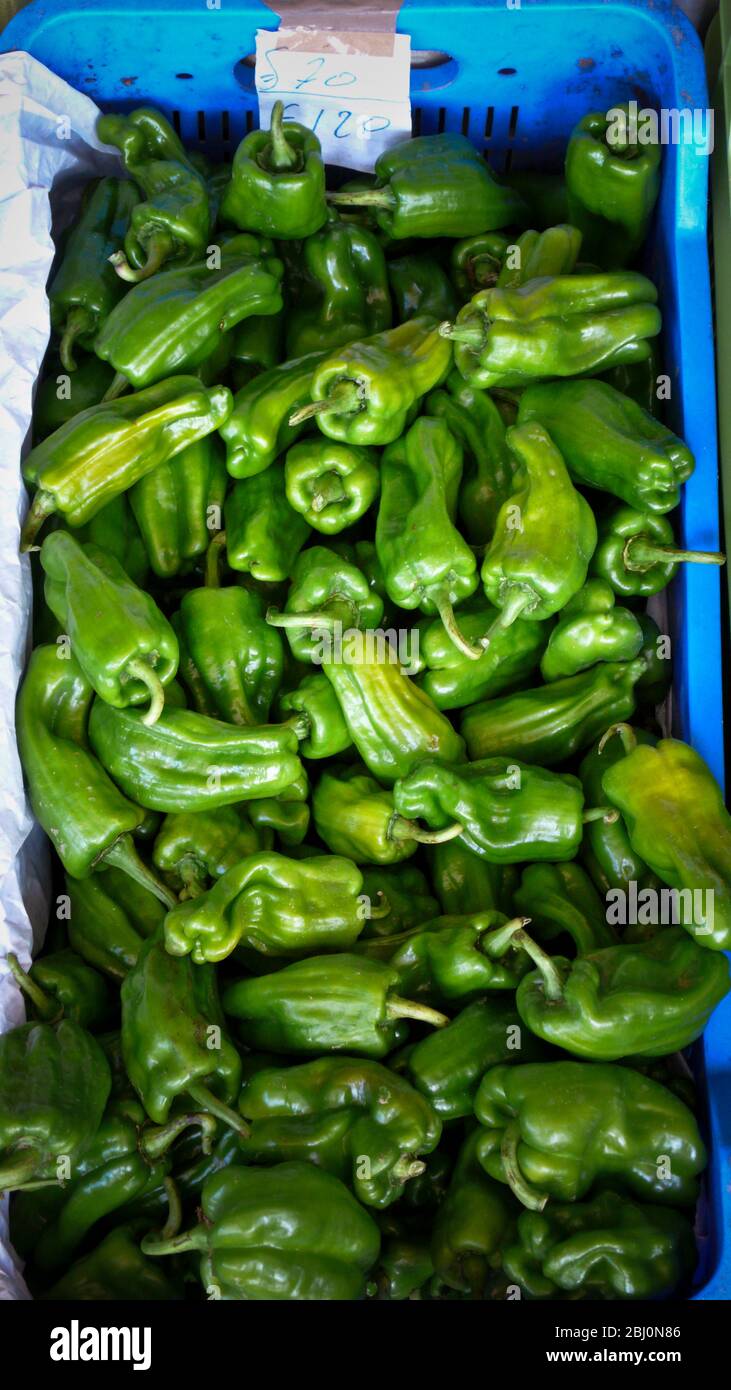 Kleine grüne Paprika zum Verkauf in Straßenbauernhof Stall, Süd-Zypern. - Stockfoto