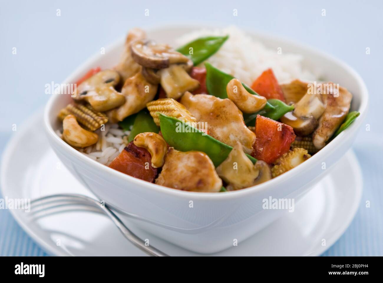 Leichtes, gesundes Gericht mit gebratenen Hähnchenstücken mit Gemüse und Cashewnüssen in chinesischer Sauce auf Reis, serviert in einer einfachen weißen Schüssel. Sh Stockfoto