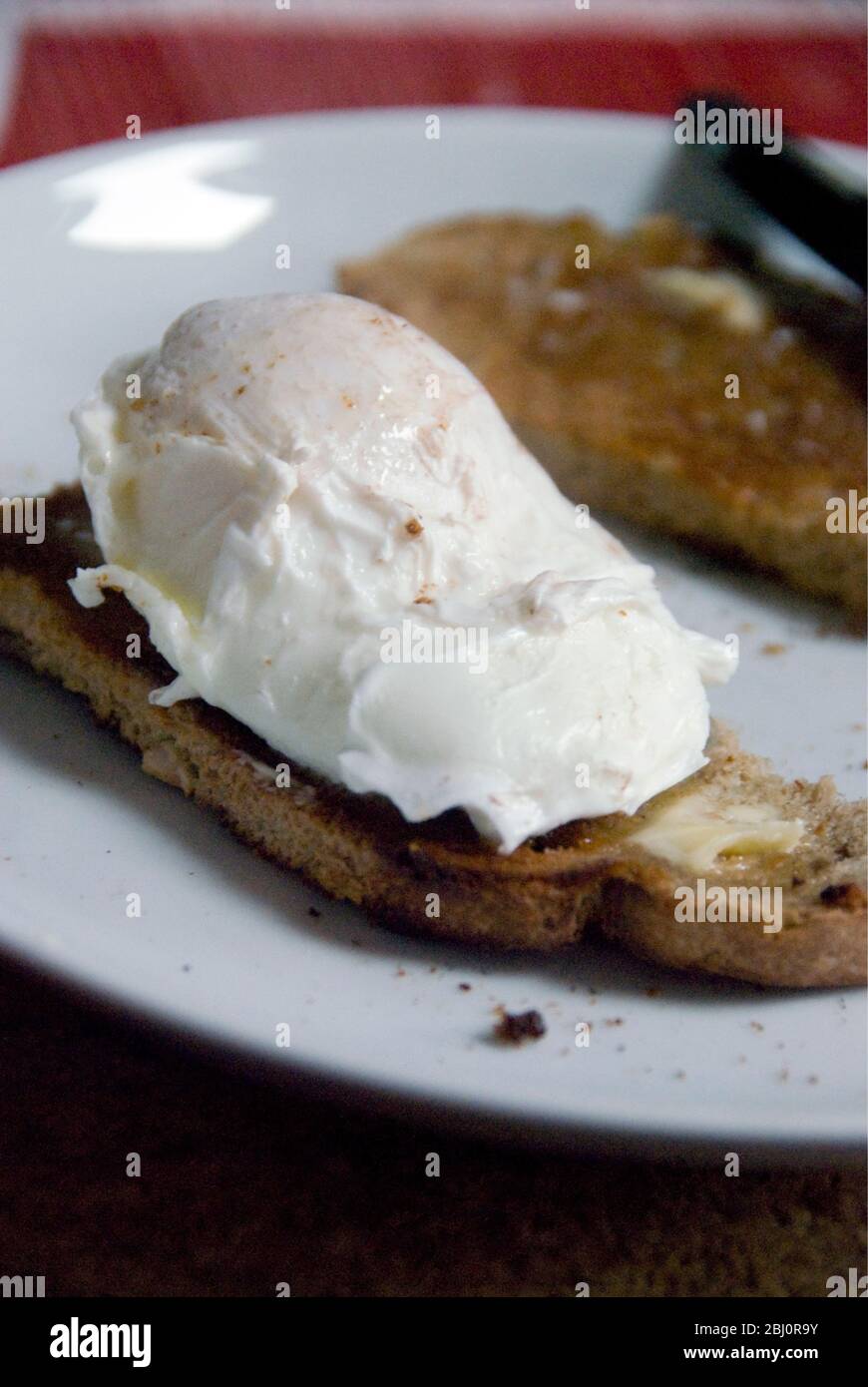 Pochiertes Ei auf Vollkorntoast auf weißem Teller - Stockfoto