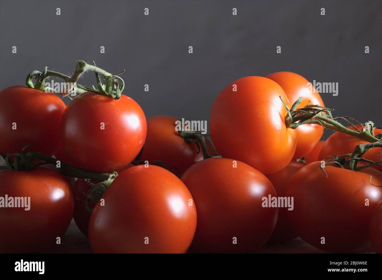 Stapel frischer roter Tomaten auf der Rebe - Stockfoto