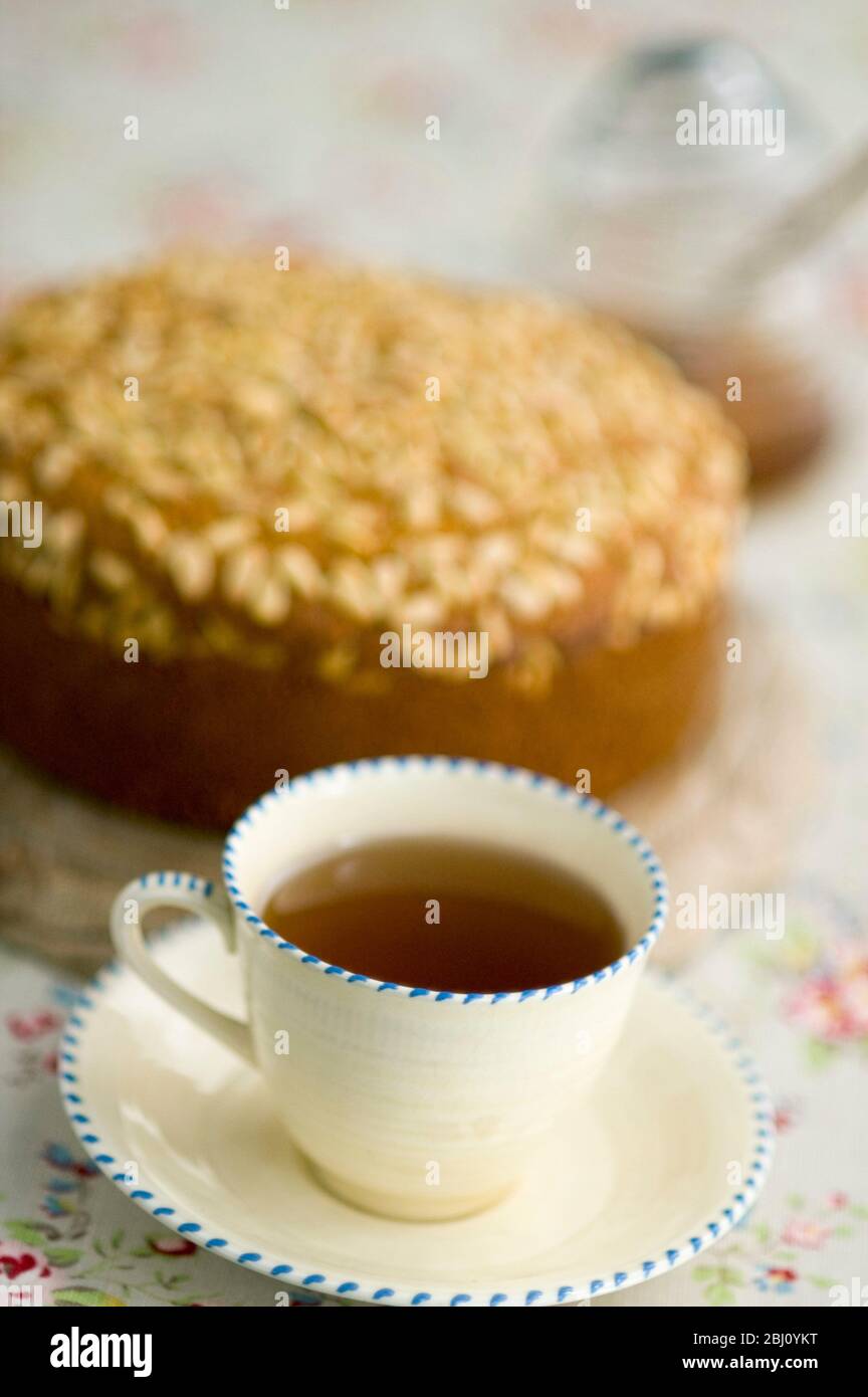 Tasse earl grauen Tee in Creme china ohne Milch und mit Pinienkerne gekrönt Kuchen im Hintergrund - Stockfoto